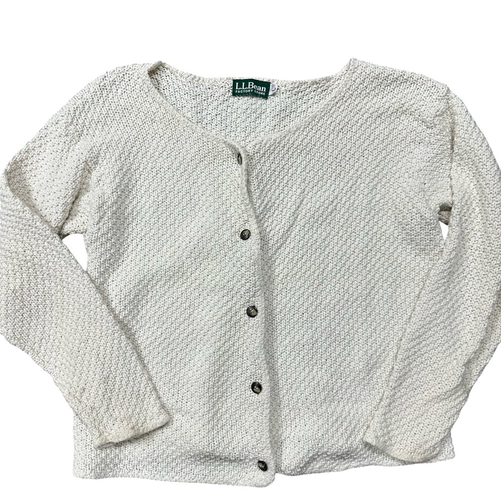 VTG L.L. Bean Factory White Cotton Textured Knit Button Front Cardigan Large